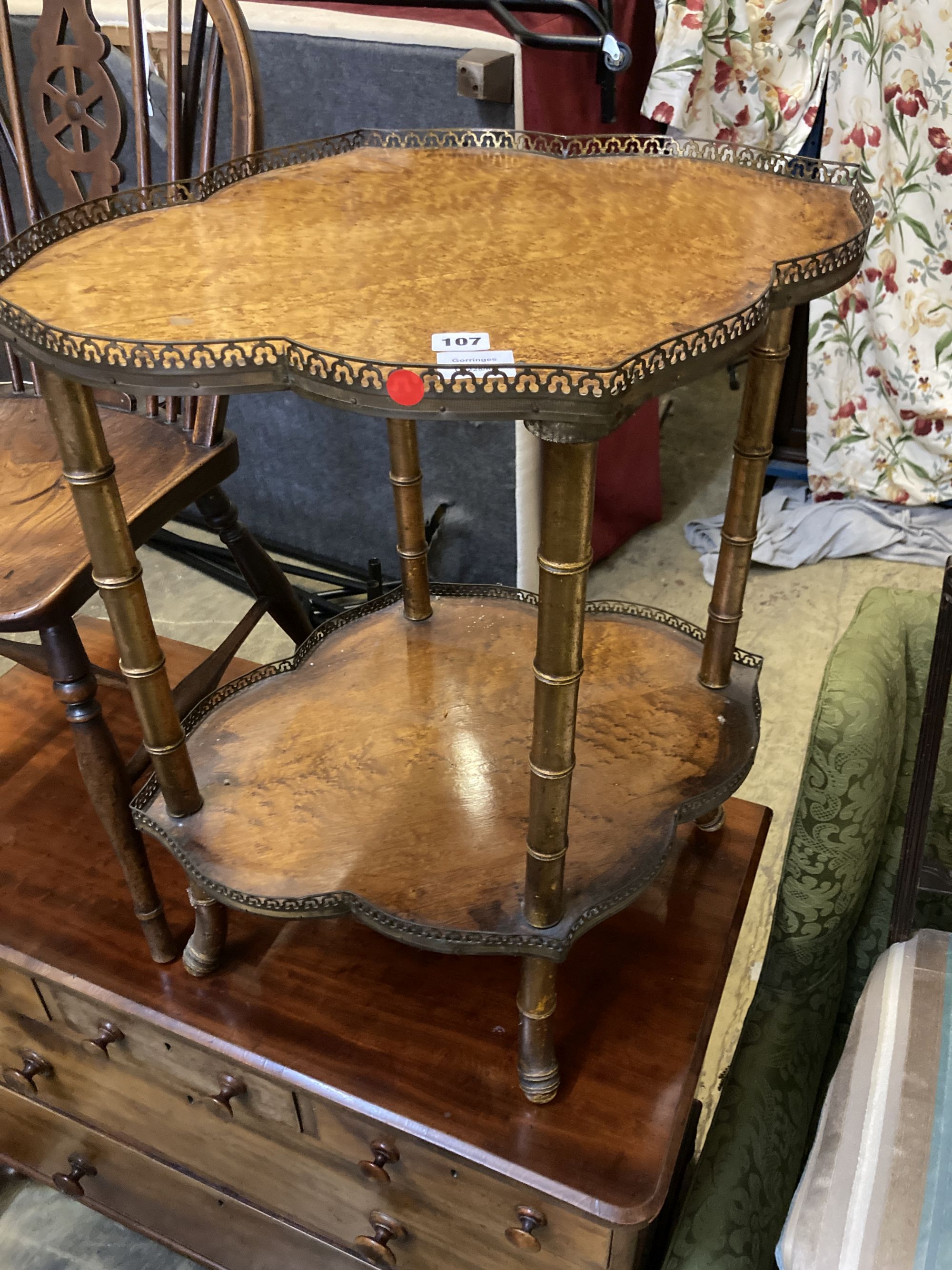 A birds eye maple and brass two tier etagere, width 63cm, depth 50cm, height 74cm